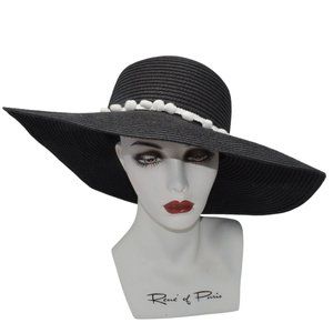 Black Wide Brim Straw Sun Hat Pom Embellished